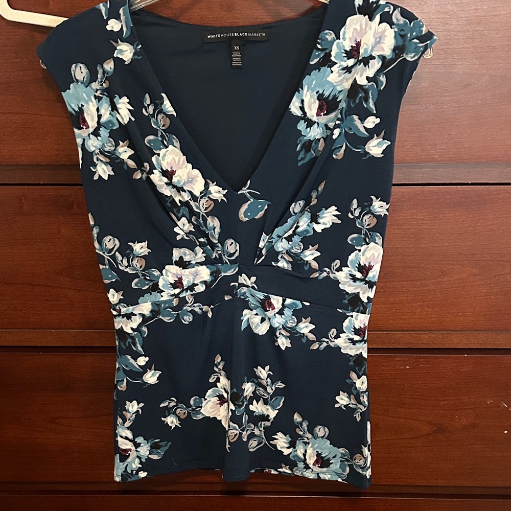 White House Black Market Teal Floral V-Neck Blouse
